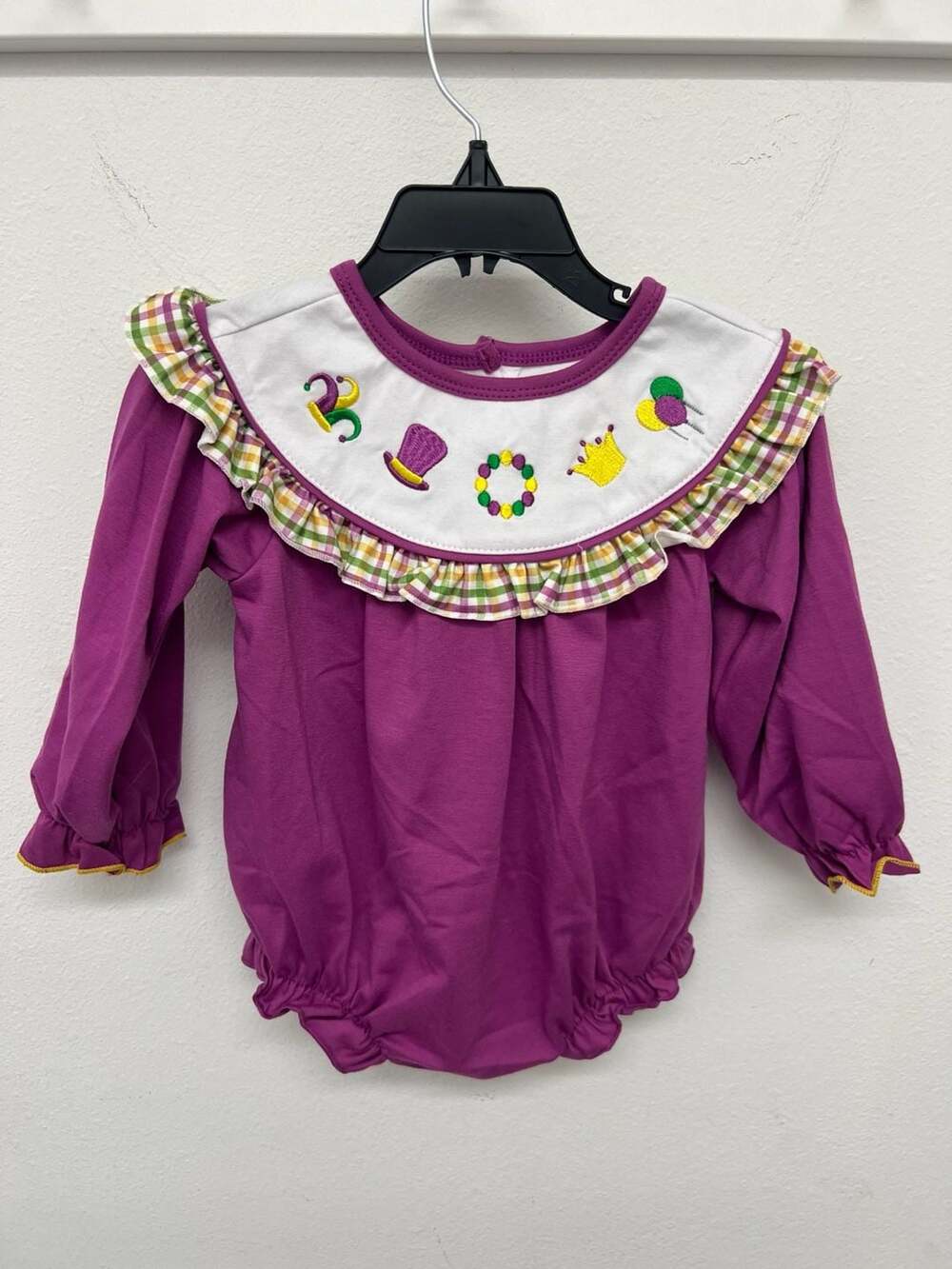 Abby & Evie Baby Mardi Gras Embroidered Bubble Romper Purple 18m